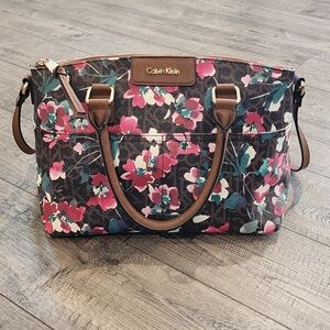 Calvin Klein Signature Satchel Bag Tote Floral Pink Red Green